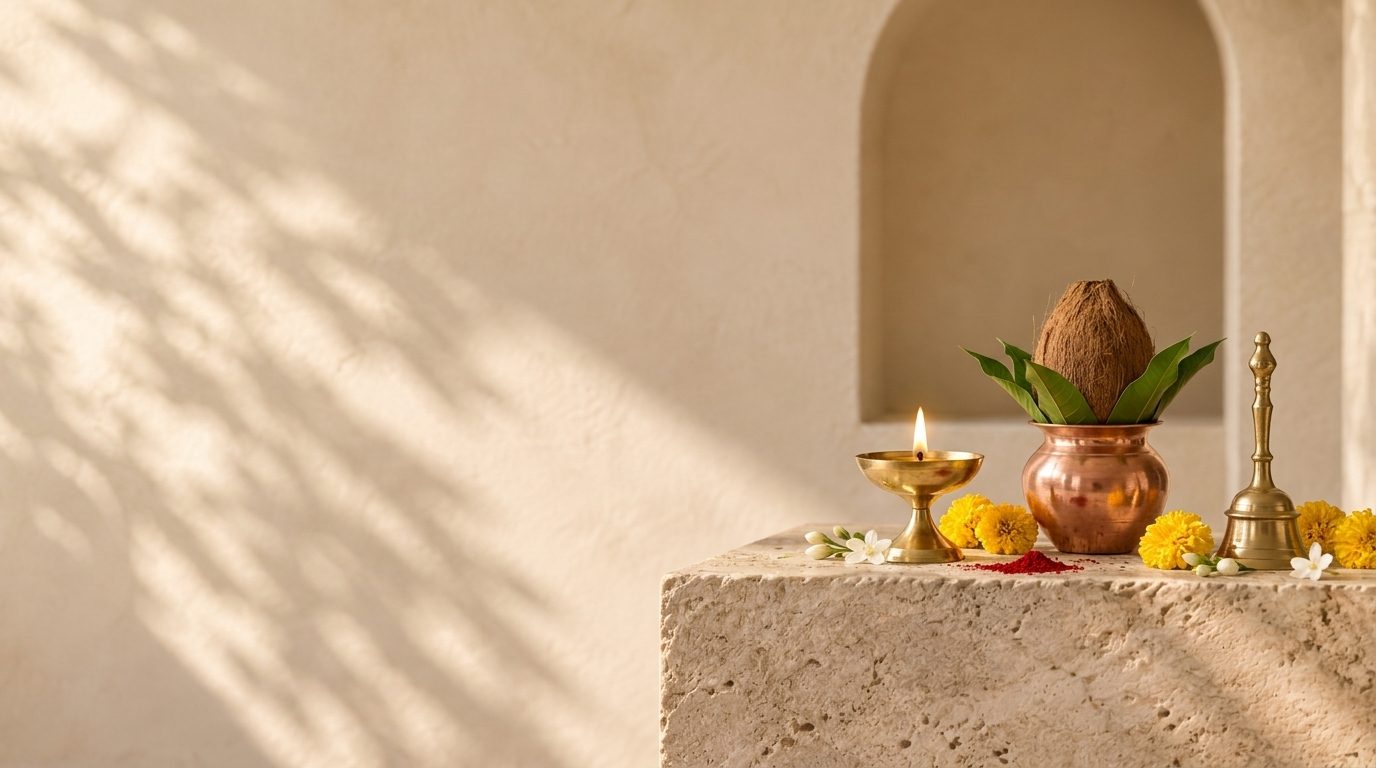 An authentic Vedic puja ritual setting with sacred copper kalash, coconut, mango leaves, burning brass diya, and marigolds.