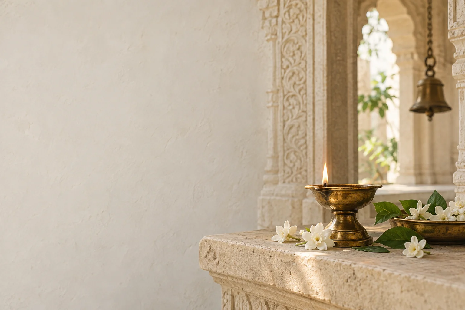 Jasmine flowers beside a lit brass diya on a sandstone ledge in a temple-inspired sanctuary.